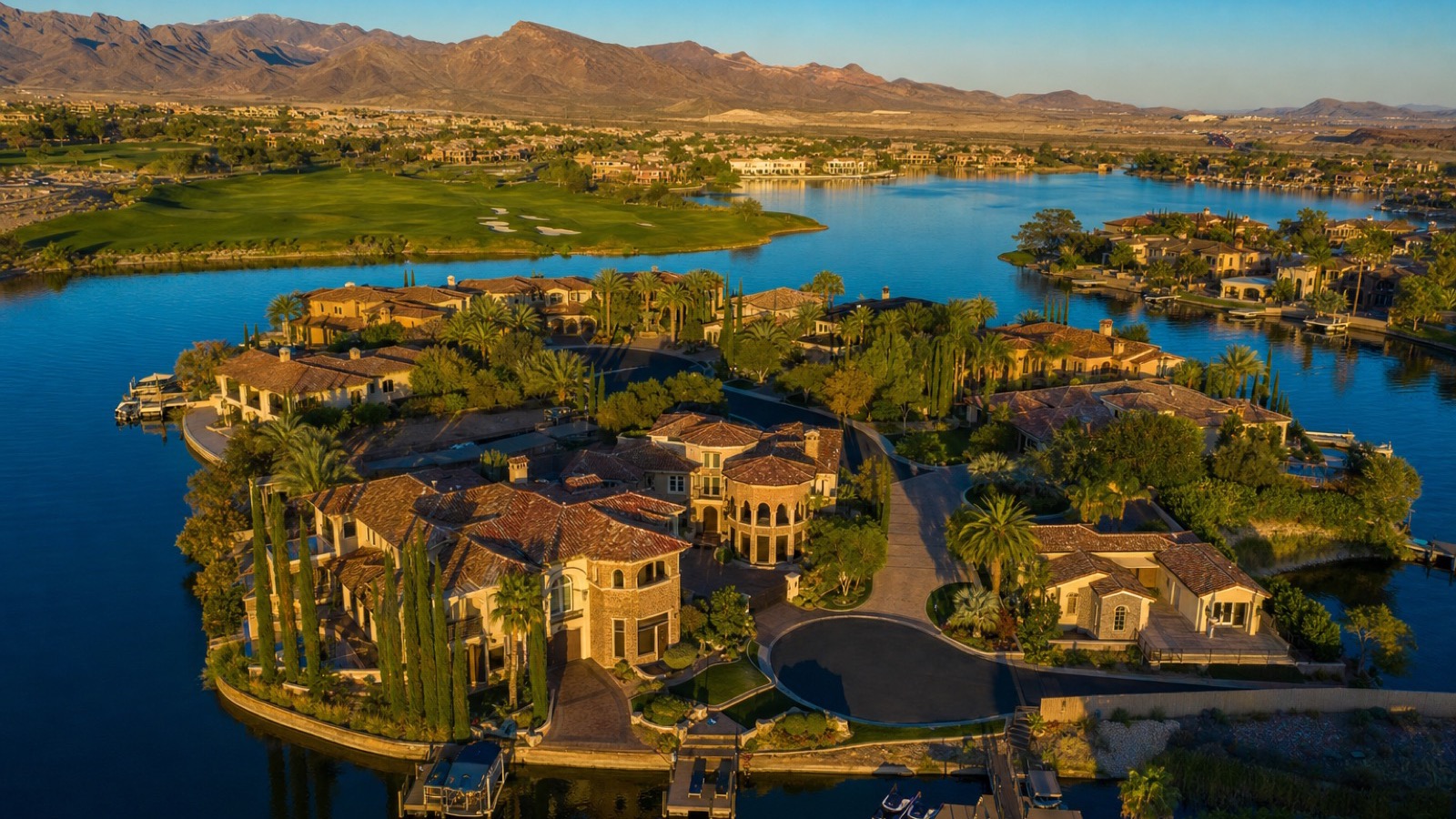Desert Shores Las Vegas private lake paddleboats and resident dock at golden hour